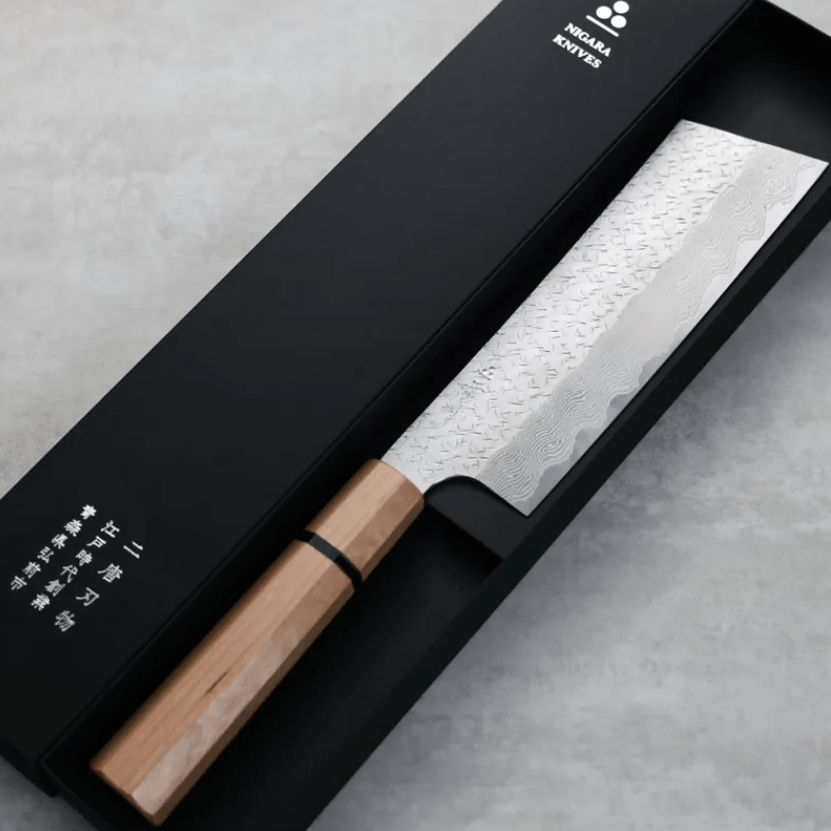 二唐刃物 菜切 180mm<br>SG Strix粉末HSS鋼 鎚目大馬士革