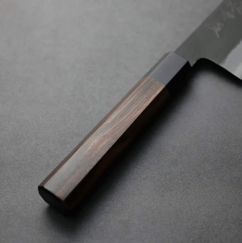 日野浦刃物 味方屋 牛刀 240mm<br>白紙鋼 黑打 黑檀八角柄