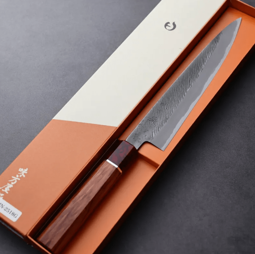 日野浦刃物 味方屋 筋引 210mm 白紙鋼 松葉鎚目 (2) 日野浦刃物 味方屋 筋引 <br>210mm 白紙鋼 松葉鎚目 玫瑰木八角柄