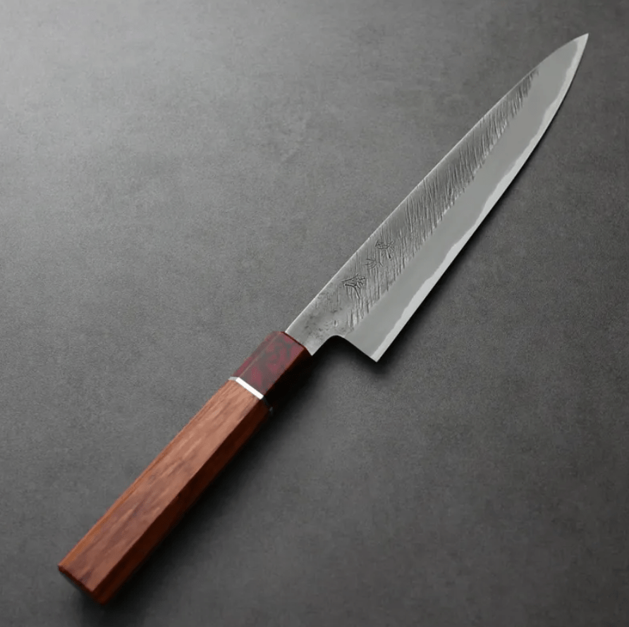 日野浦刃物 味方屋 筋引 210mm 白紙鋼 松葉鎚目 日野浦刃物 味方屋 筋引 <br>210mm 白紙鋼 松葉鎚目 玫瑰木八角柄