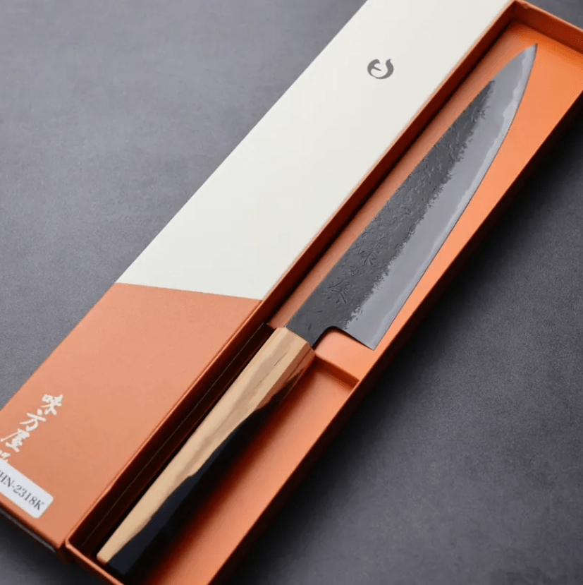 日野浦刃物 味方屋 筋引 210mm 白紙鋼 黑打梨地 橄欖木 (2) 日野浦刃物 味方屋 筋引 210mm<br>白紙鋼 黑打梨地 橄欖木松石八角柄