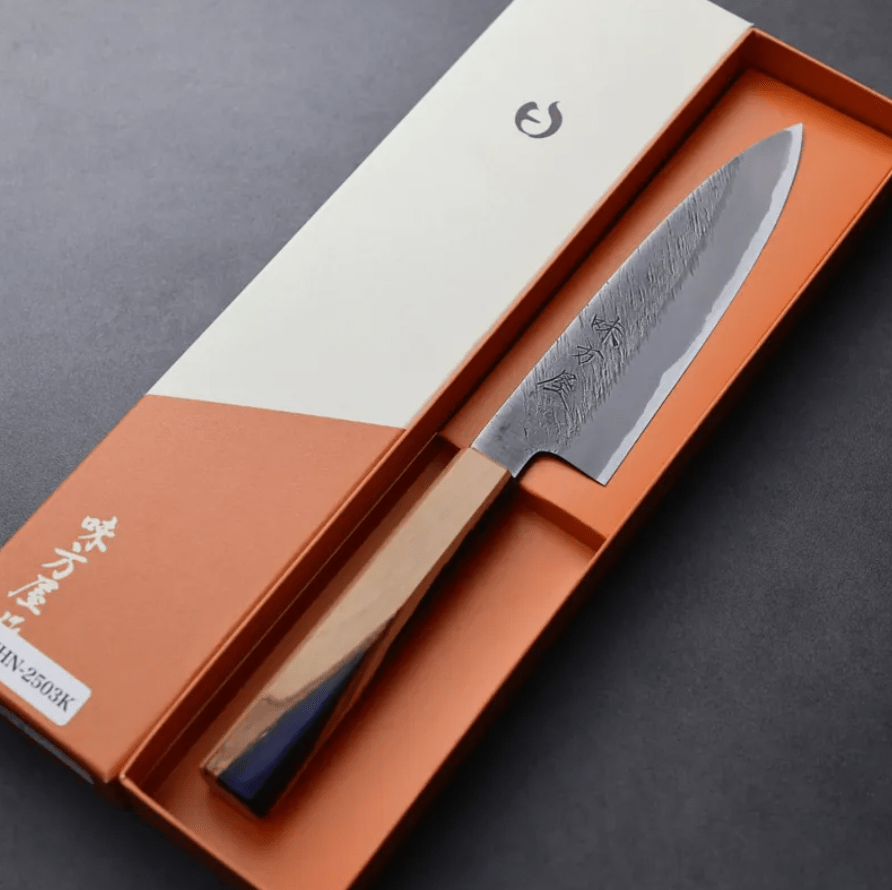 日野浦刃物 味方屋 蔬果刀<br>150mm 白紙鋼 松葉鎚目 橄欖木樹脂八角柄