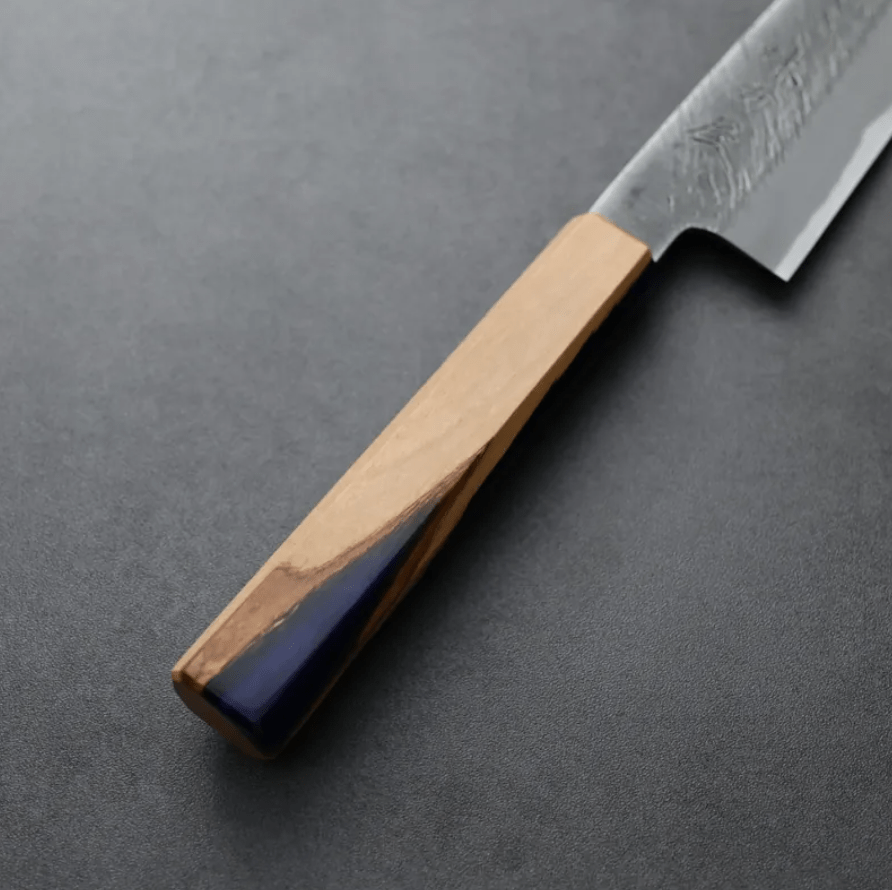 日野浦刃物 味方屋 蔬果刀<br>150mm 白紙鋼 松葉鎚目 橄欖木樹脂八角柄