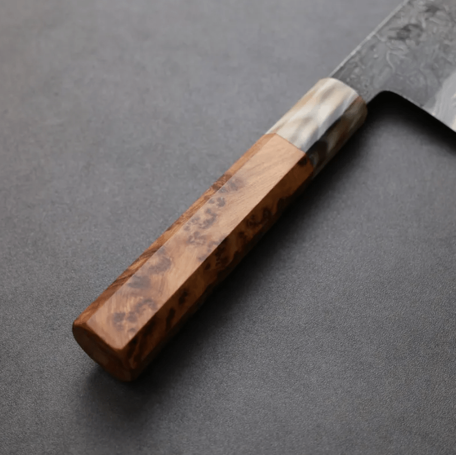 日野浦刃物 味方屋 牛刀 210mm<br> 白紙鋼 黑打鍛地墨流 特殊柄