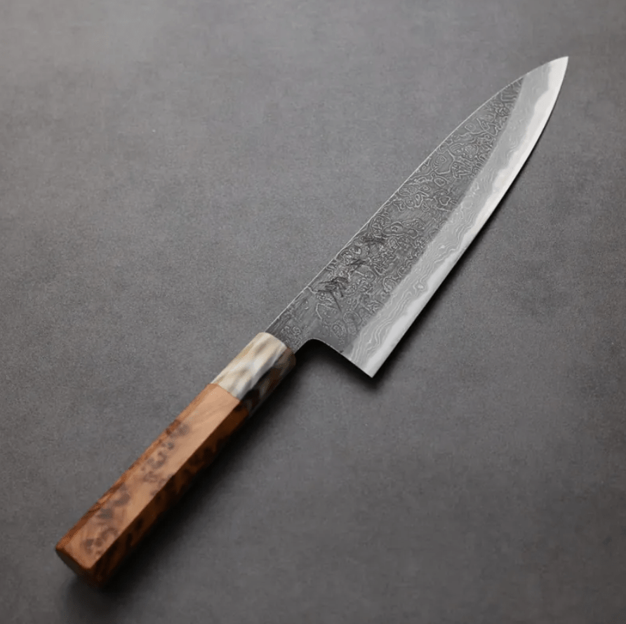 日野浦刃物 味方屋 牛刀 210mm<br> 白紙鋼 黑打鍛地墨流 特殊柄