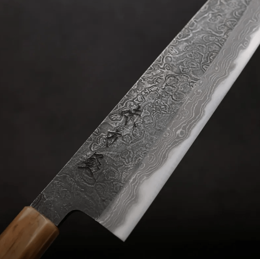 日野浦刃物 味方屋 牛刀 240mm<br> 白紙鋼 黑打鍛地墨流 特殊柄