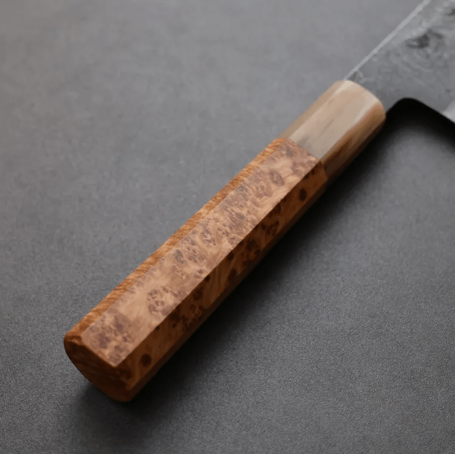 日野浦刃物 味方屋 牛刀 240mm<br> 白紙鋼 黑打鍛地墨流 特殊柄