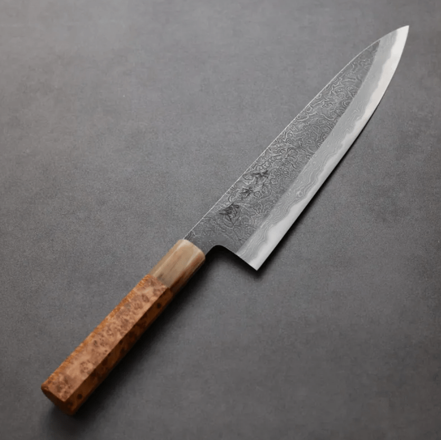 日野浦刃物 味方屋 牛刀 240mm<br> 白紙鋼 黑打鍛地墨流 特殊柄