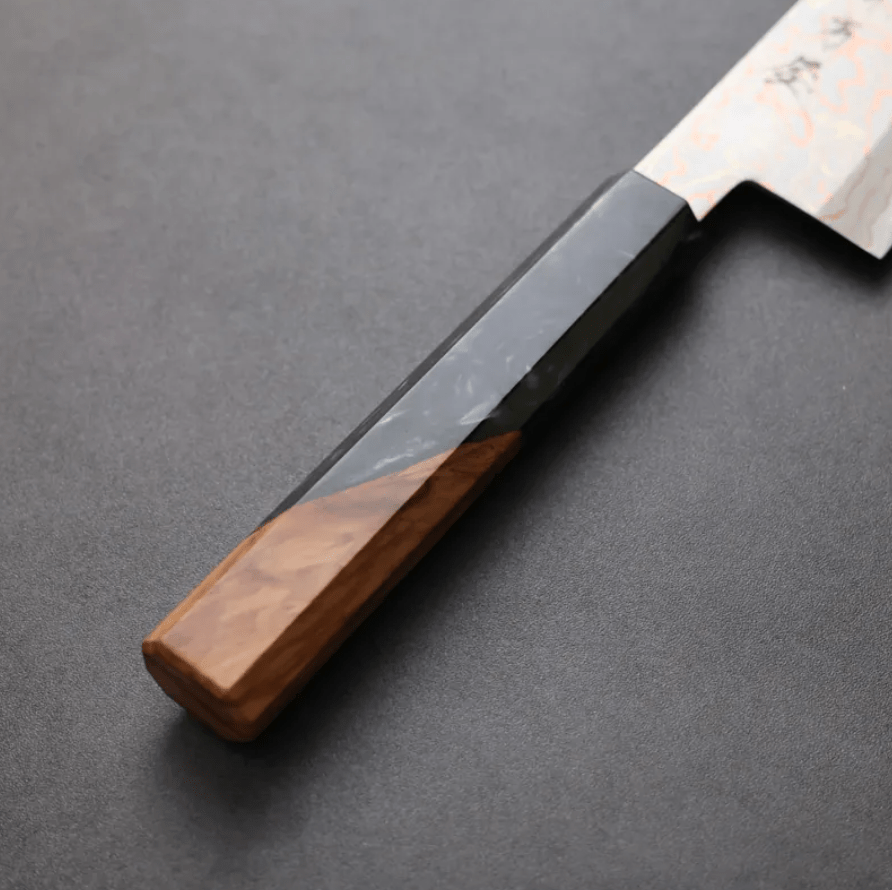 日野浦刃物 味方屋 牛刀 240mm<br>青紙鋼 有色大馬士革