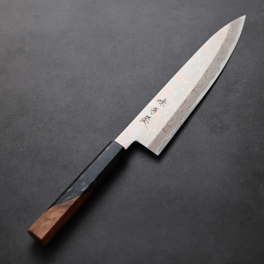 日野浦刃物 味方屋 牛刀 240mm<br>青紙鋼 有色大馬士革