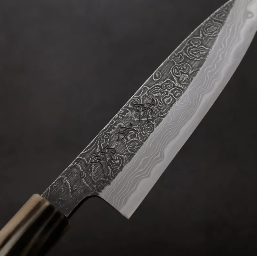 活動_日野浦刃物 味方屋 蔬果刀 135mm 白紙鋼 黑打鍛地墨流 (2) 日野浦刃物 味方屋 蔬果刀 135mm<br>白紙鋼 黑打鍛地墨流 特殊柄