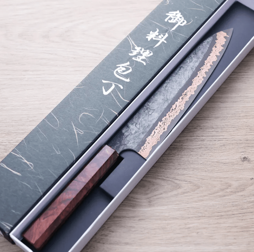 初心x二唐 喜 牛刀 240mm<br>SLD鋼 黑打有色大馬士革