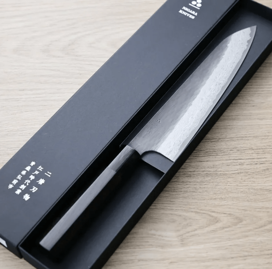 二唐刃物 牛刀 210mm VG Xeos鋼 黑打鎚目大馬士革 (2) 二唐刃物 牛刀 210mm VG Xeos鋼 <br>黑打鎚目大馬士革