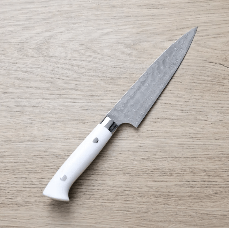 佐治武士 蔬果 150mm VG10鋼<br>十字鎚目 黑染大馬士革 白壓克力柄