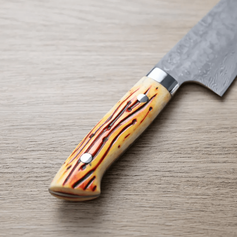 佐治武士 三德 180mm VG10鋼 <br>十字鎚目 黑染大馬士革 牛骨柄