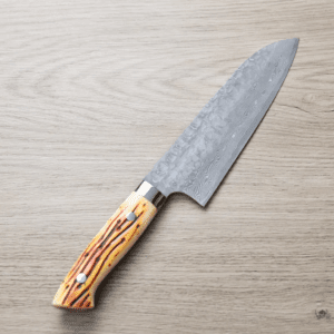 佐治武士 三德 180mm VG10鋼 <br>十字鎚目 黑染大馬士革 牛骨柄