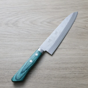 增谷訓生 牛刀 180mm VG10鋼<br>鎚目大馬士革 雪華 綠柄