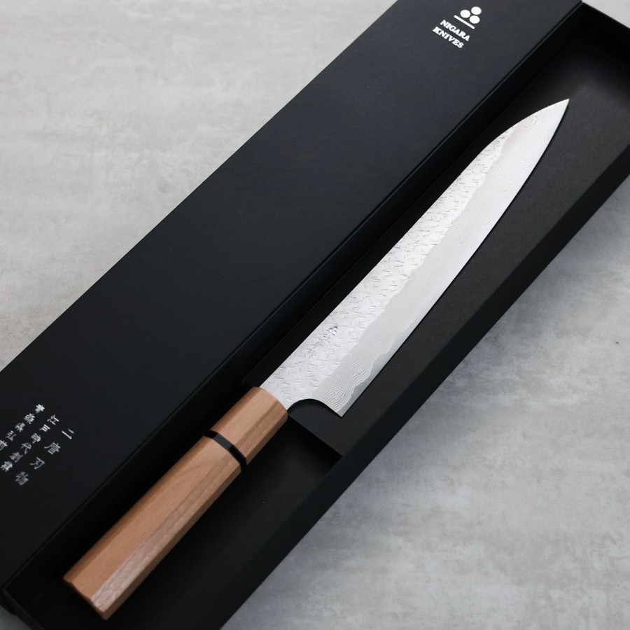 nigara-sj240-sgst-s-3 二唐刃物 筋引 240mm <br>SG Strix粉末HSS鋼 鎚目大馬士革
