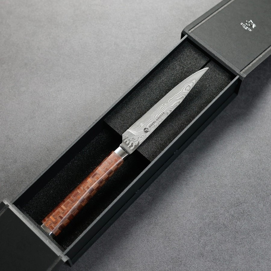 龍泉刃物 寄木細工 牛排刀/二崩 100mm ATS314 63層大馬士革