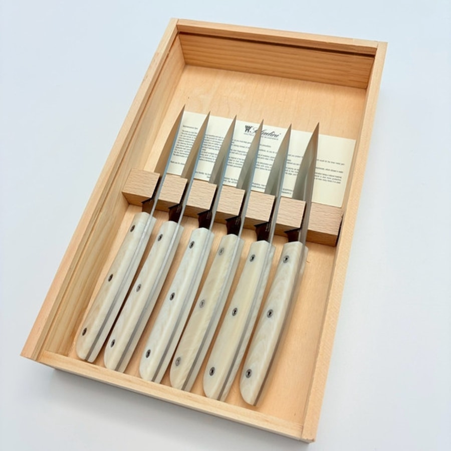 SALADINI 頂級手工仿白牛角象牙白色樹脂牛排刀114mm 六入木盒禮盒組 牛排刀 牛排刀禮盒組
