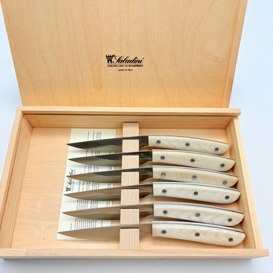 SALADINI 頂級手工仿白牛角象牙白色樹脂牛排刀114mm 六入木盒禮盒組 牛排刀 牛排刀禮盒組