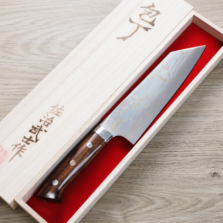 saji-bunka-as-2-1 佐治武士 文化刀 180mm 青紙鋼 有色大馬士革 沙漠鐵木柄