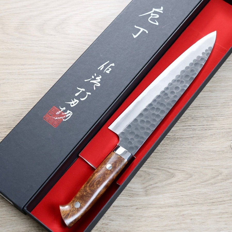 佐治武士 牛刀 210mm 青紙超級鋼 黑打鎚目