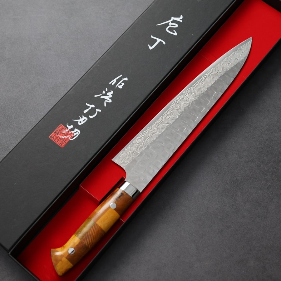 佐治武士 牛刀 240mm VG10鋼 鎚目大馬士革 組子木柄:圖片 2