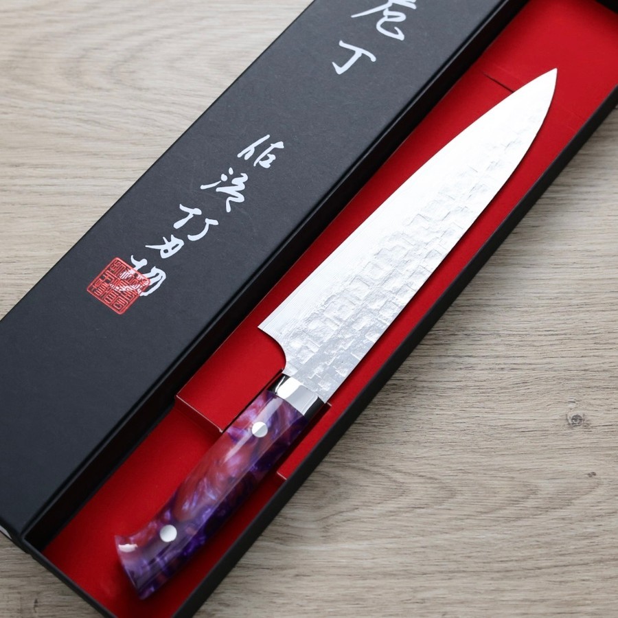 saji-g210-vg10ja-2 佐治武士 牛刀 210mm <br>VG10鋼十字鎚目大馬士革 紫壓克力柄