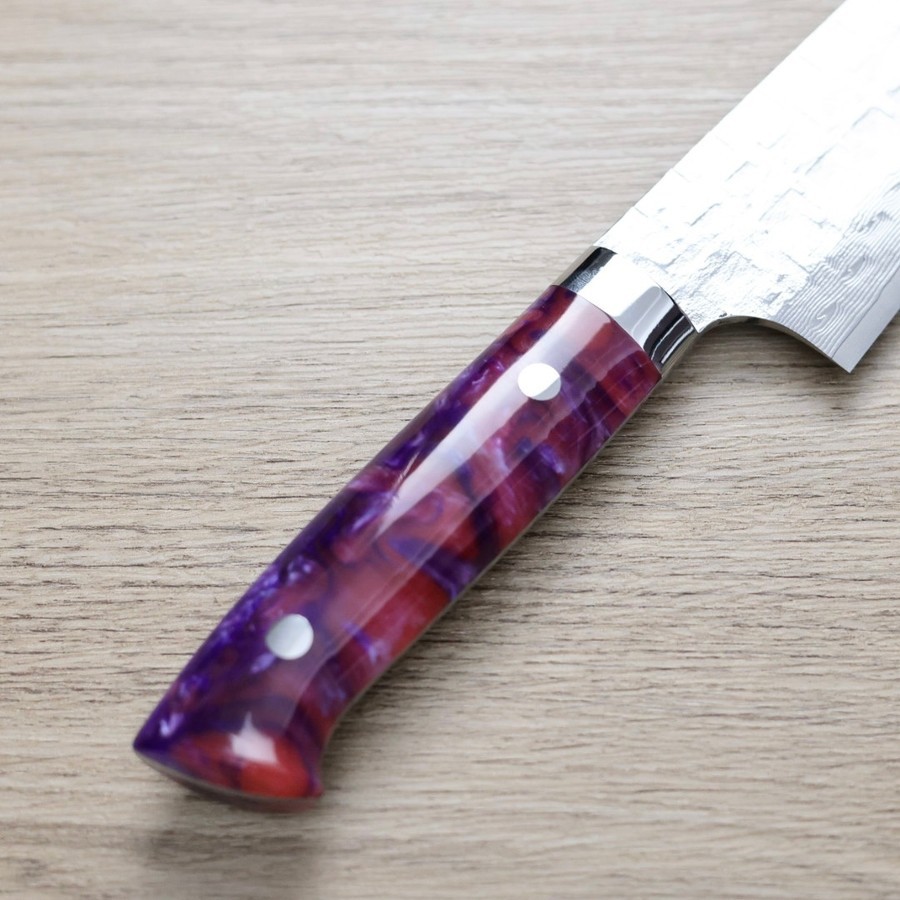 saji-g210-vg10ja-3 佐治武士 牛刀 210mm <br>VG10鋼十字鎚目大馬士革 紫壓克力柄