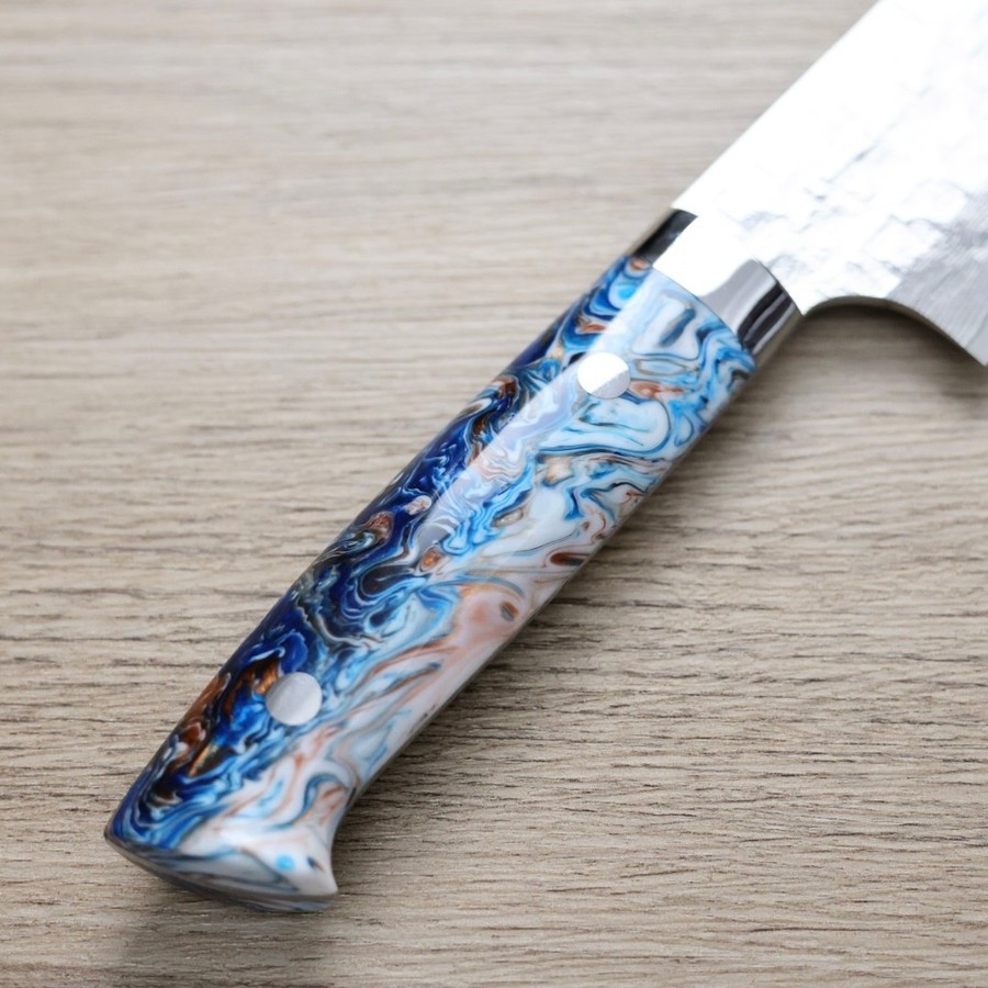 saji-g210-vg10ja2-1-3 佐治武士 牛刀 210mm <br>VG10鋼 十字鎚目大馬士革 藍壓克力柄