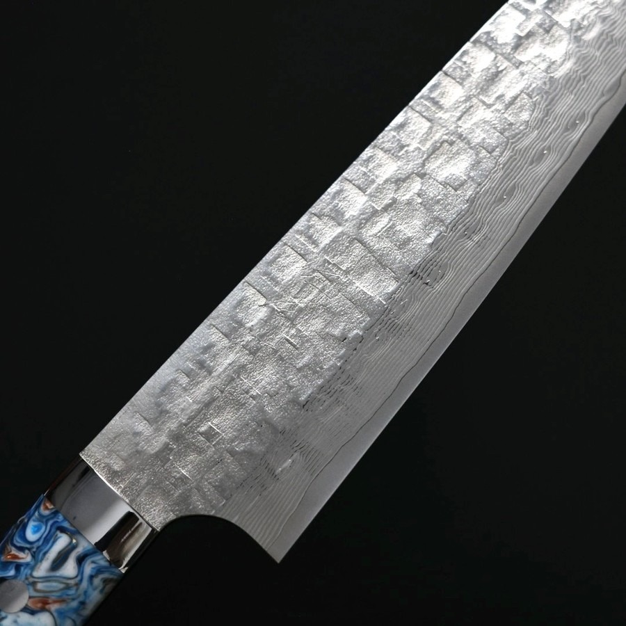 saji-g210-vg10ja2-1-5 佐治武士 牛刀 210mm <br>VG10鋼 十字鎚目大馬士革 藍壓克力柄