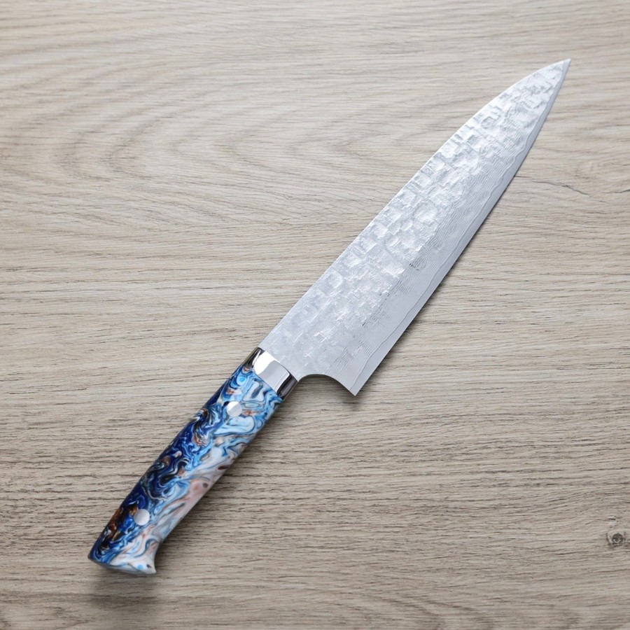 saji-g210-vg10ja2-1 佐治武士 牛刀 210mm <br>VG10鋼 十字鎚目大馬士革 藍壓克力柄