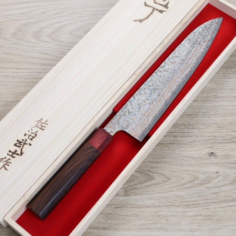 saji-g240-vg10nj-2 佐治武士 牛刀 240mm VG10鋼 黑染霓虹大馬士革 紫檀八角柄