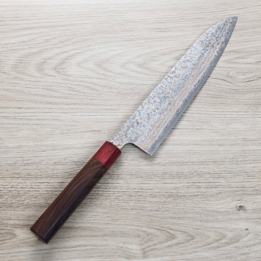 saji-g240-vg10nj 佐治武士 牛刀 240mm VG10鋼 黑染霓虹大馬士革 紫檀八角柄