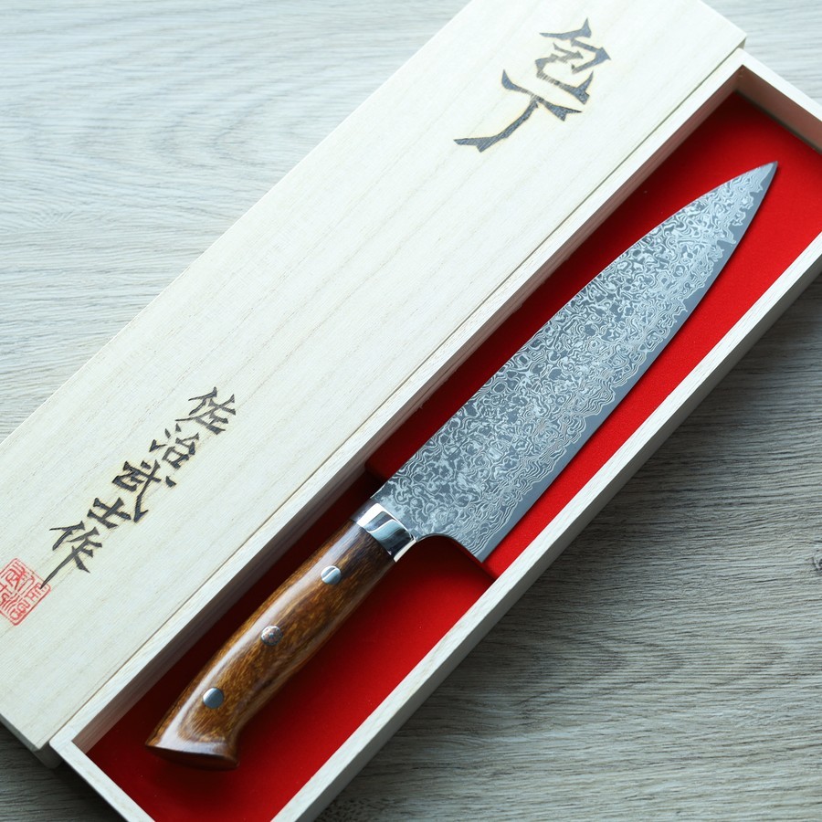 佐治武士 牛刀 210mm R2粉末HSS鋼 大馬士革 沙漠鐵木柄