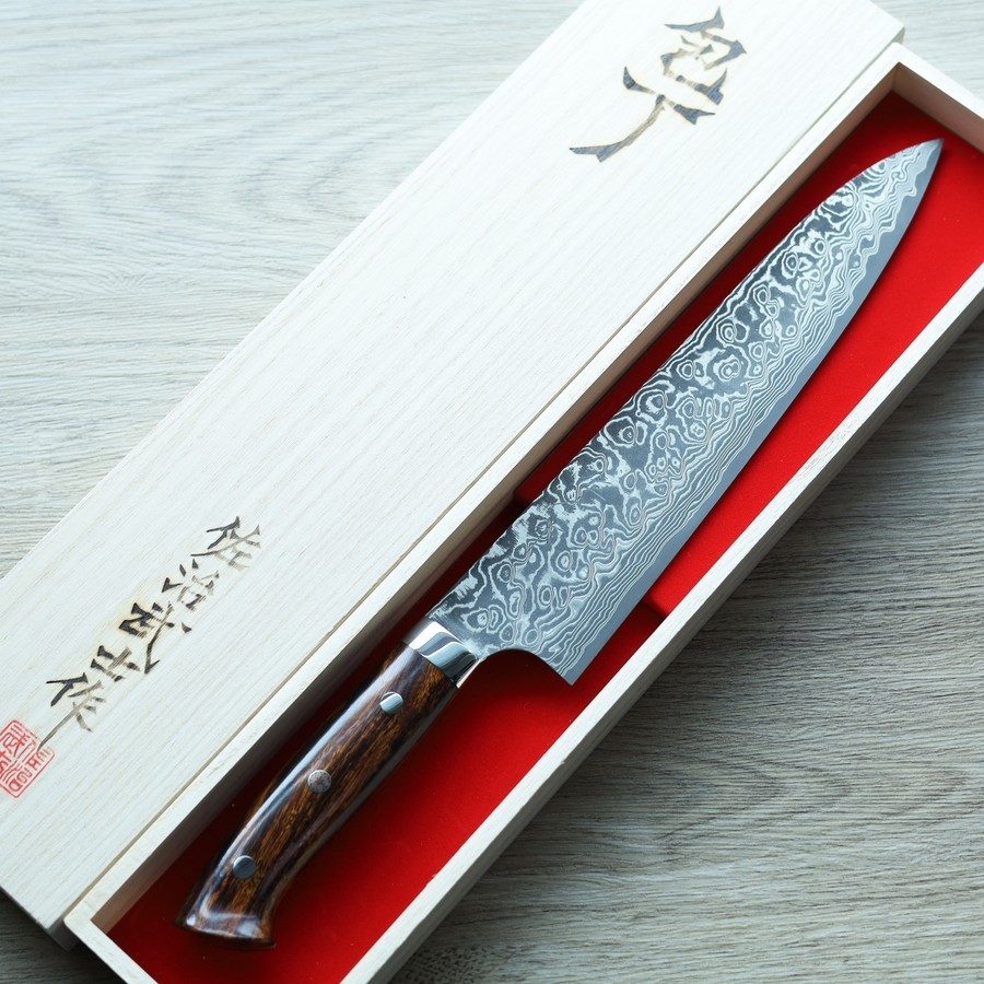 佐治武士 牛刀 240mm R2粉末HSS鋼 大馬士革 沙漠鐵木柄