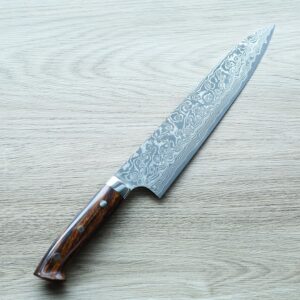 saji-gyuto240-r2-a 佐治武士 牛刀 240mm R2粉末HSS鋼 大馬士革 沙漠鐵木柄