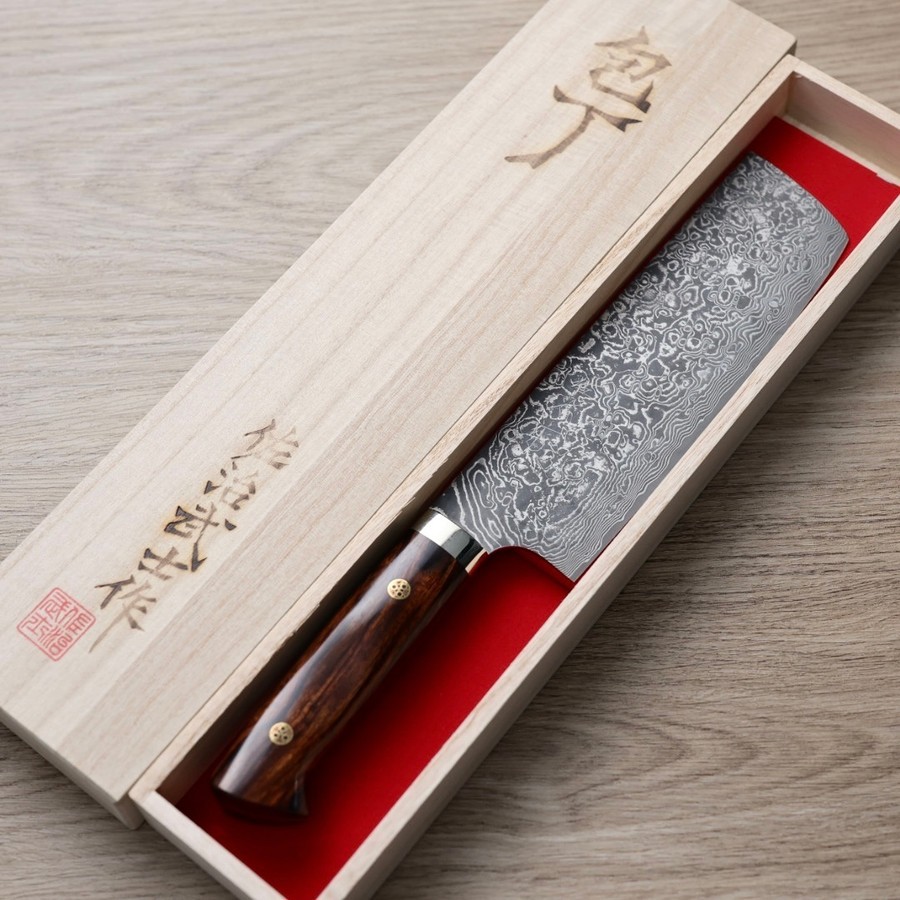 saji-n170-r2-a-2 佐治武士 菜切 170mm <br>R2粉末HSS鋼 大馬士革 沙漠鐵木柄