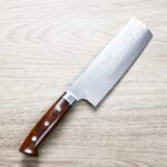 saji-nakiri170-as 佐治武士 菜切 170mm 青紙鋼 有色大馬士革 沙漠鐵木柄