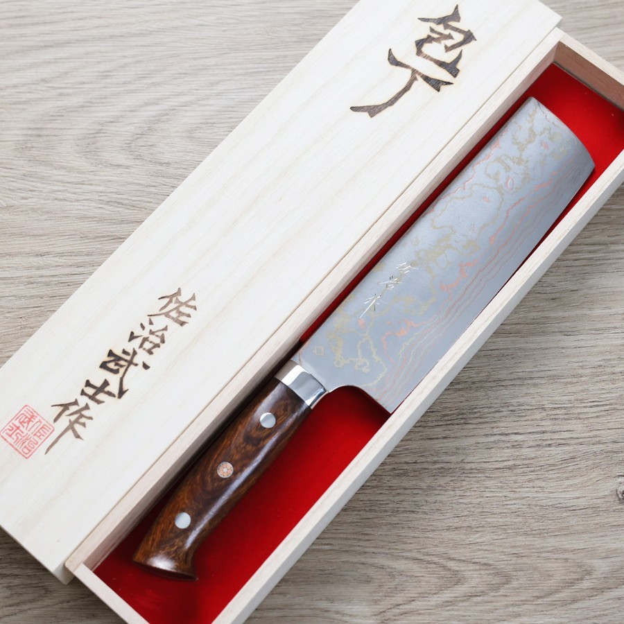 saji-nakiri170-as-2 佐治武士 菜切 170mm 青紙鋼 有色大馬士革 沙漠鐵木柄