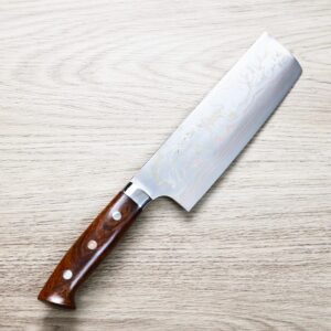 saji-nakiri170-as 佐治武士 菜切 170mm 青紙鋼 有色大馬士革 沙漠鐵木柄