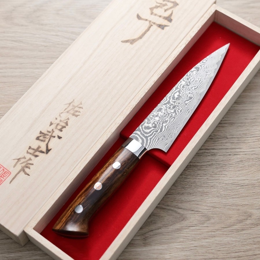 saji-p130-r2a-2 佐治武士 蔬果 130mm R2粉末鋼<br>大馬士革 沙漠鐵木柄