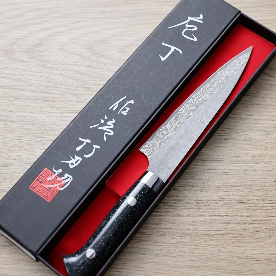 saji-p150-vg10ja-1-2-1 佐治武士 蔬果 150mm VG10鋼<br>十字鎚目 黑染大馬士革 壓克力柄