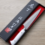 saji-p150-vg10ja-2 佐治武士 蔬果 150mm VG10鋼<br>十字鎚目 黑染大馬士革 白壓克力柄