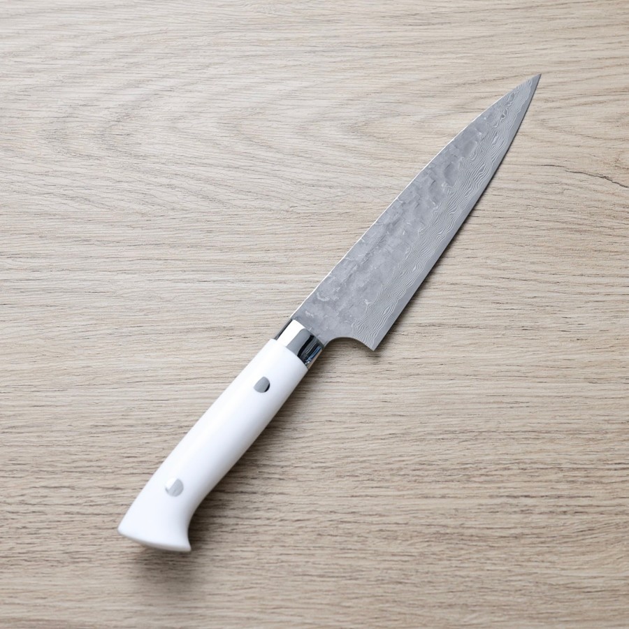 saji-p150-vg10ja 佐治武士 蔬果 150mm VG10鋼<br>十字鎚目 黑染大馬士革 白壓克力柄