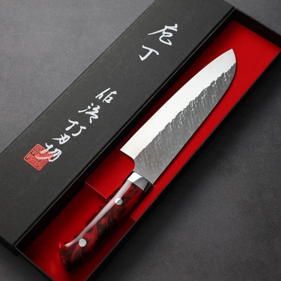 saji-s165-sgta-1-1-2 佐治武士 三德 180mm SG Strix鋼 鎚目 紅壓克力柄