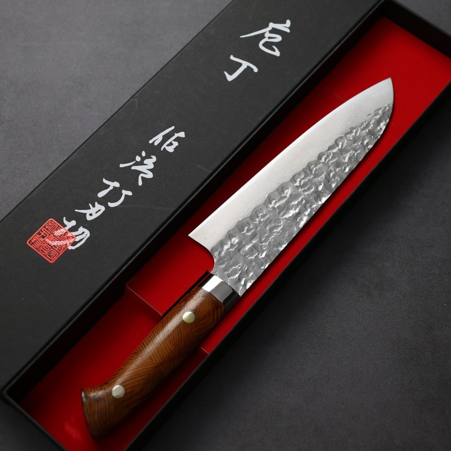saji-s180-vg10da-2 佐治武士 三德 180mm VG10鋼 鎚目大馬士革 組子木柄