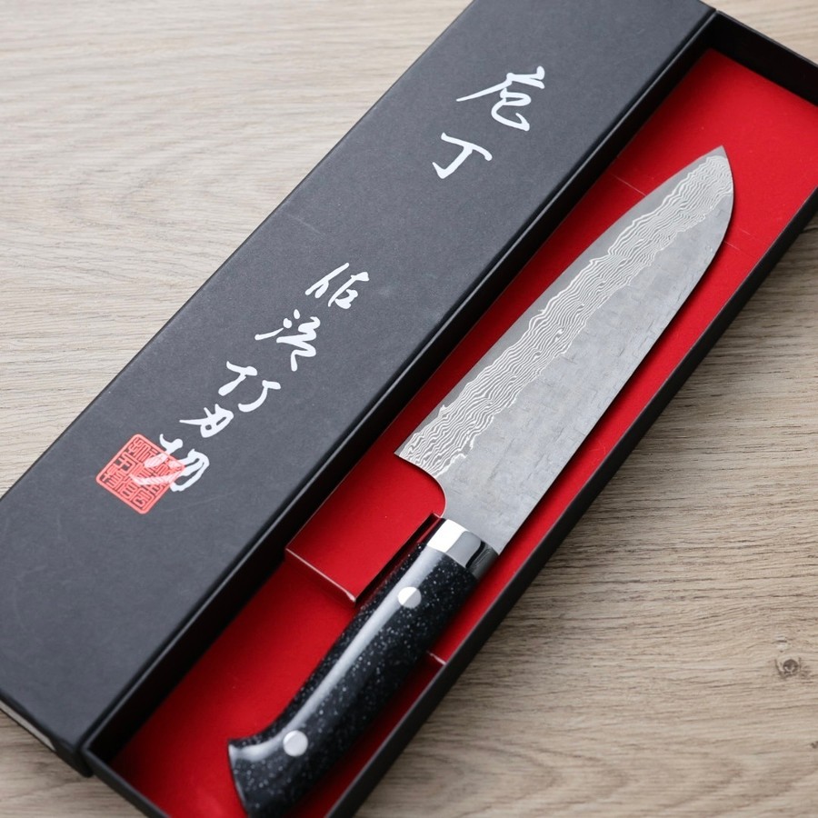 佐治武士 三德 180mm VG10鋼 <br>十字鎚目 黑染大馬士革 壓克力柄