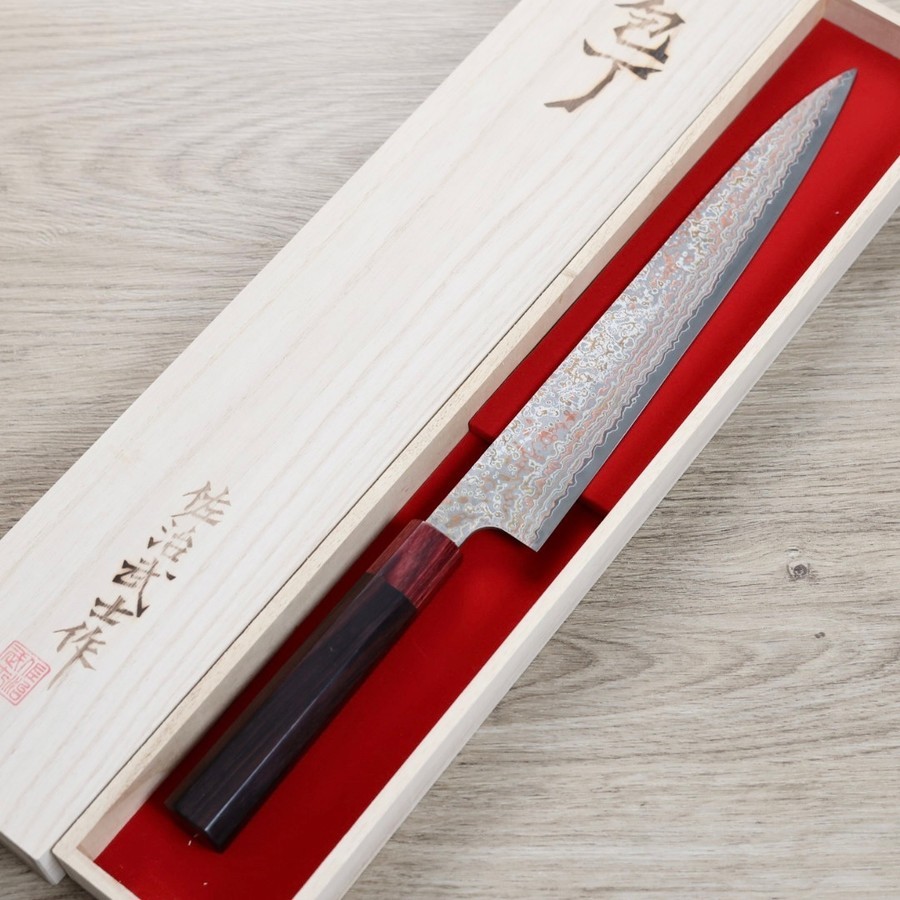 saji-sj270-vg10nj-2 佐治武士 筋引 270mm VG10鋼 黑染霓虹大馬士革 紫檀柄